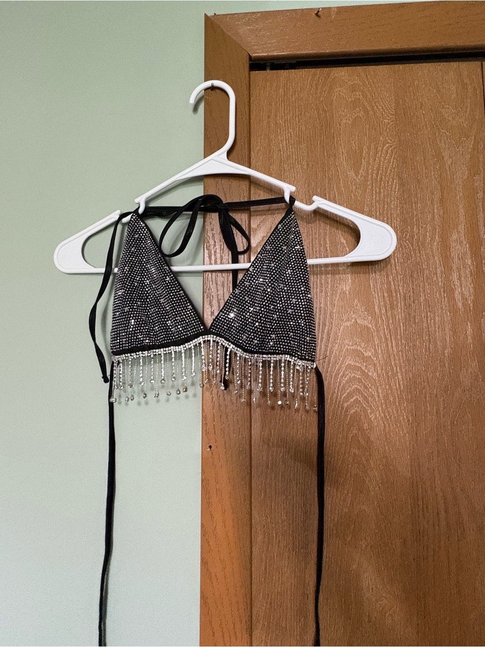 SHEIN Black Beaded Fringe Triangle Halter Crop Top